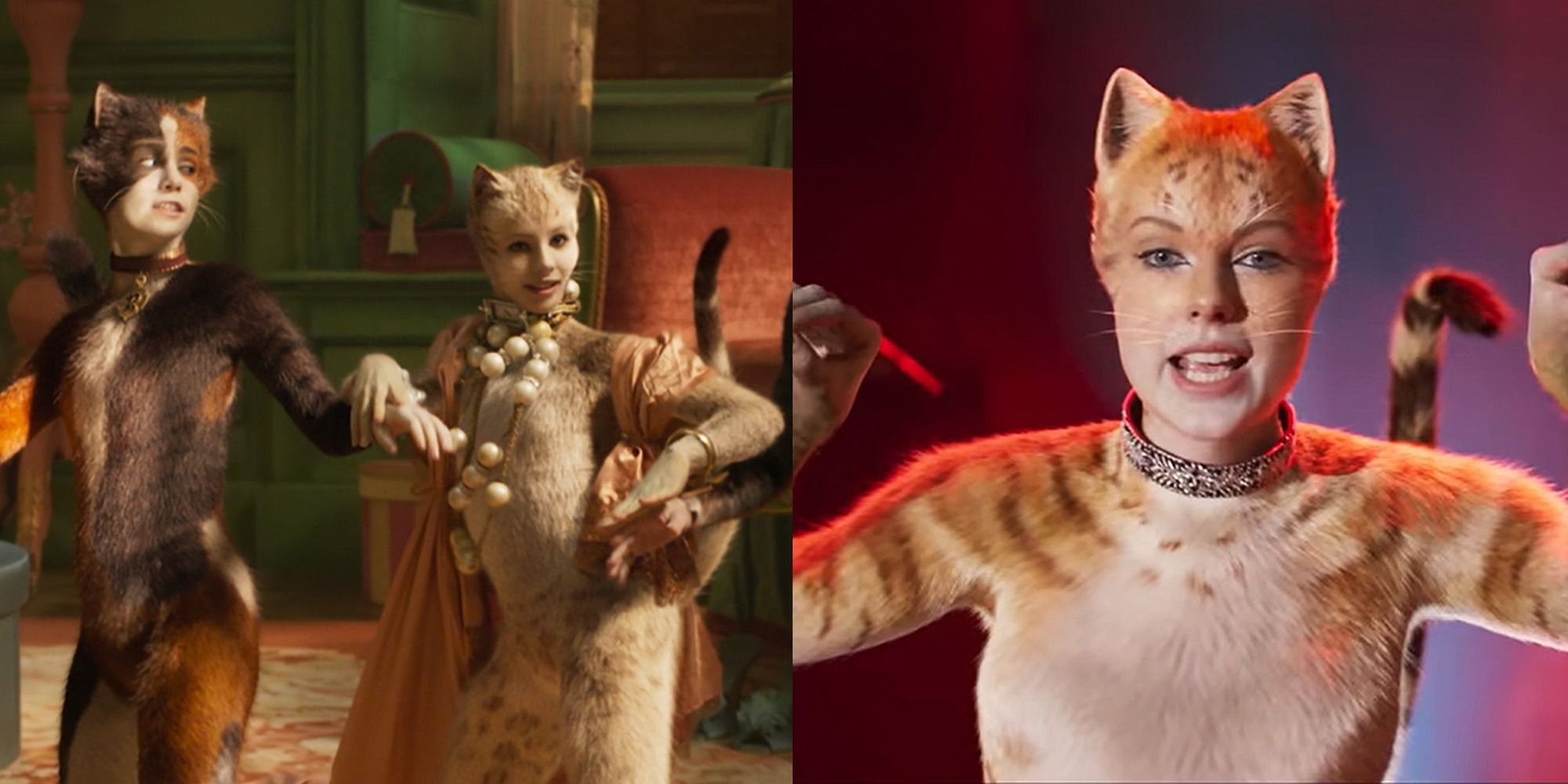 Split image of Victoria and her friend dancing, with Taylor swift singing in Cats.