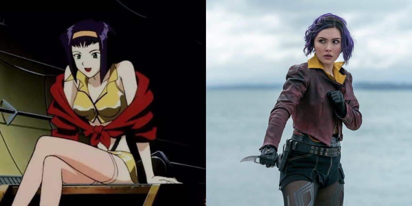 Split image of Faye sitting down &amp; faye with a knife outside in Cowboy Bebop.