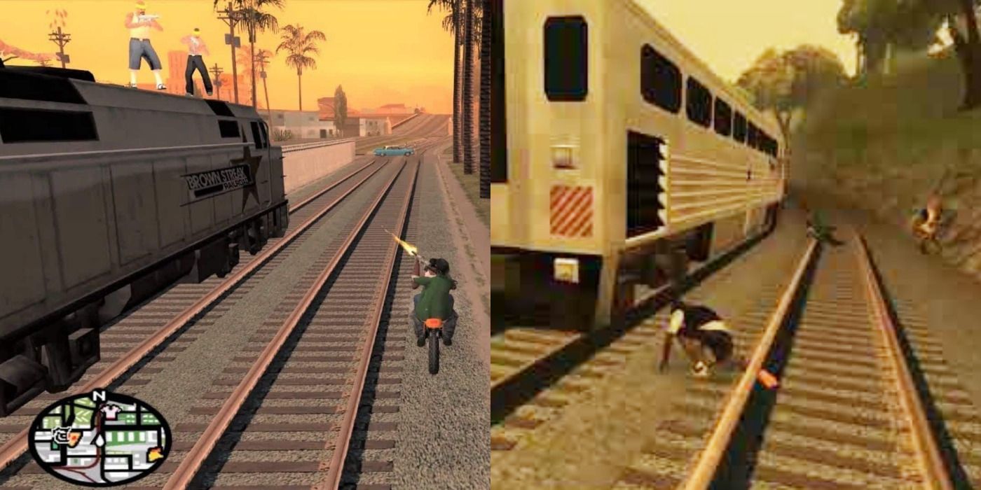 Split image of a guy shooting at a train &amp; a train running people over in Grand Theft Auto.