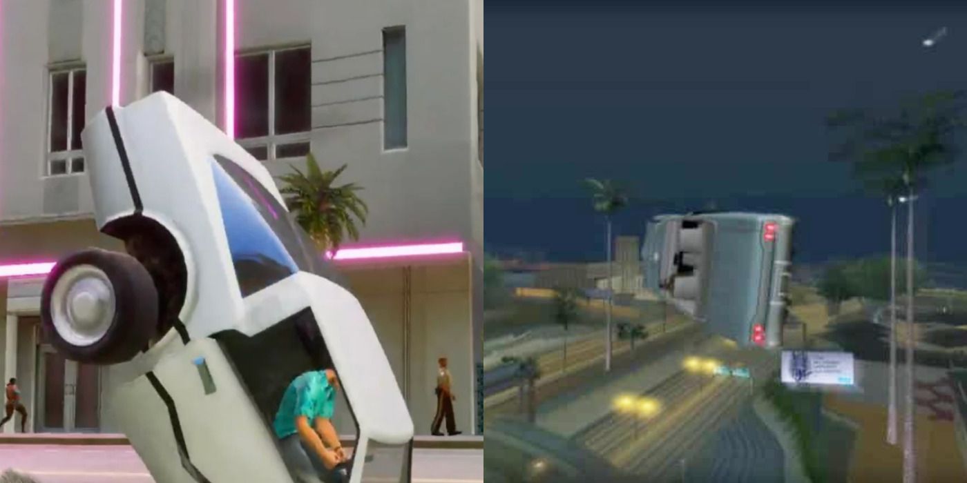 Split image of a car in the ground &amp; a car floating in the night sky in Grand Theft Auto.