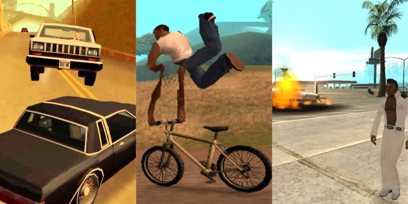 Split image of a floating car, CJ on his bike, & a plane crash in the Grand Theft Auto Trilogy.