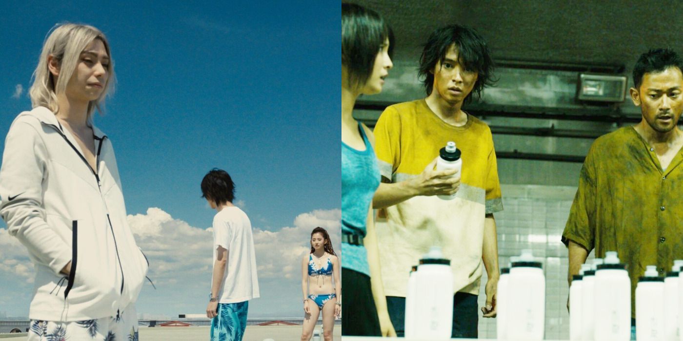 Split image of Chishiya on a rooftop & Arisu holding a bottle in Alice in Borderland.