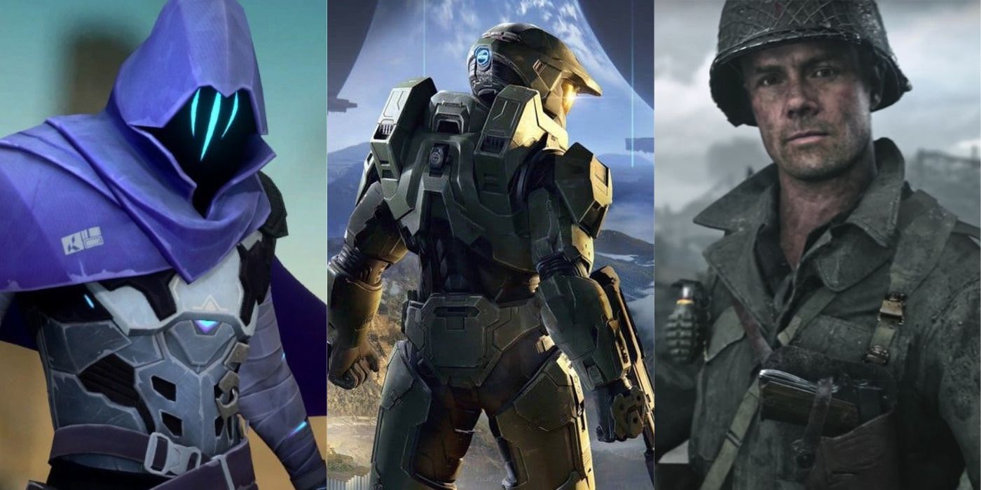 Split image of a warrior in Valorant, Master Chief in Halo Infinite, & a soldier in Call of Duty WW2.