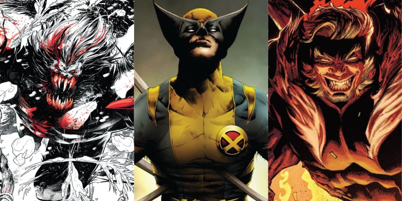 Split image of a bloody Wendigo, Wolverine looking down, & Sabretooth smiling in Marvel Comics.