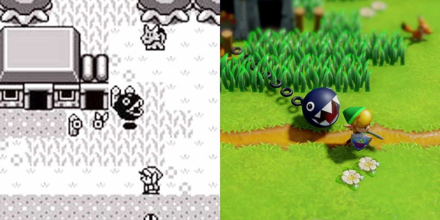 Imagem dividida de Link perto de um Chain Chomp em Link's Awakening e seu remake de Switch.