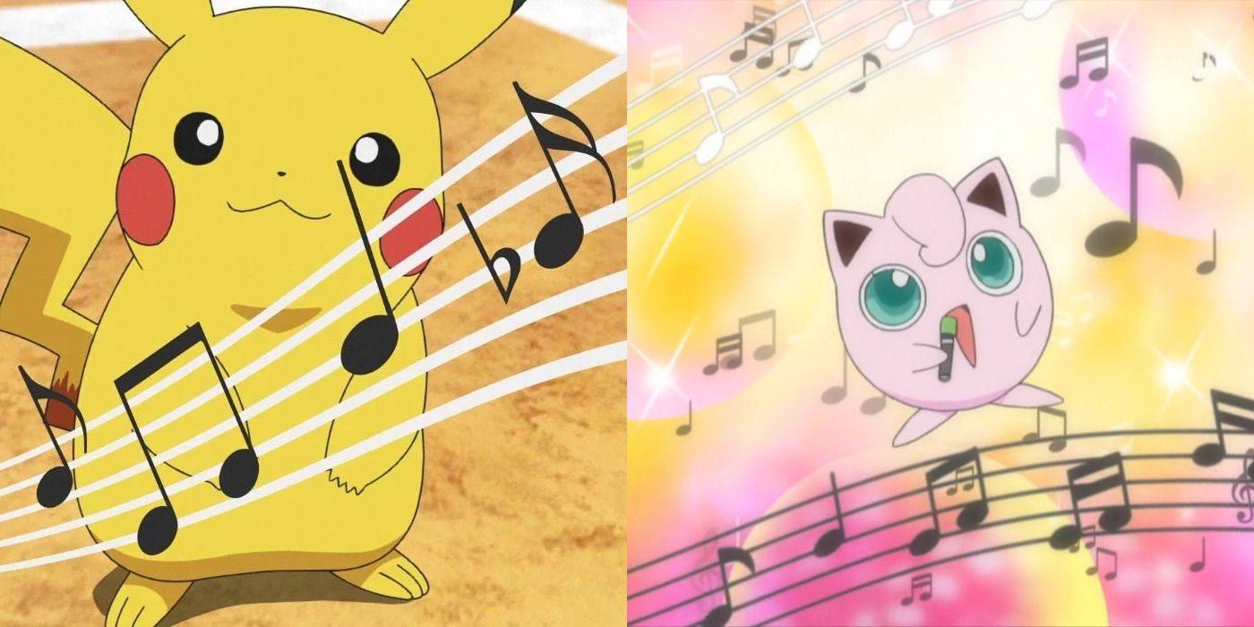 Split image of Pikachu singing & a Pokemon dancing in the Pokemon anime.