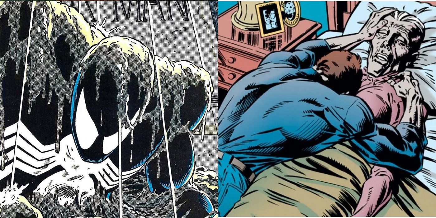 Split image of Spider-Man emerging from a grave & Peter crying on Aunt May's deathbed in Marvel Comics.