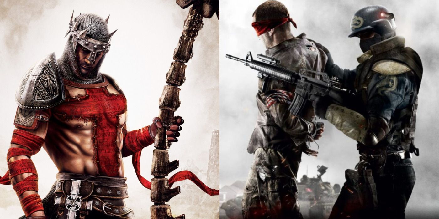 Split image of a warrior in Dante's Inferno & a soldier and his blindfolded captive in Homefront.