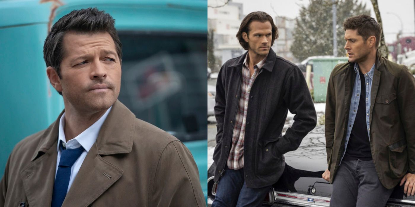 Split image of Castiel looking sideways & Sam and Dean leaning on a car in Supernatural.