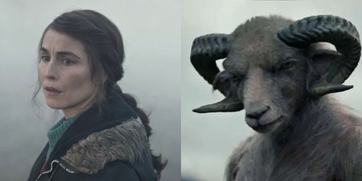 Split image of Maria looking concerned &amp; the Ram Man looking angry in Lamb.