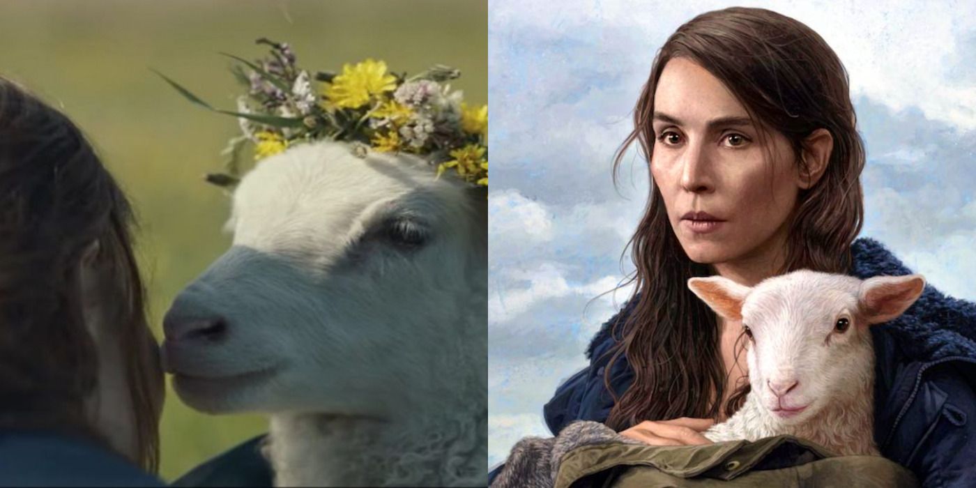 Split image of a lamb wearing a crown of flowers & a woman holding a lamb in Lamb.