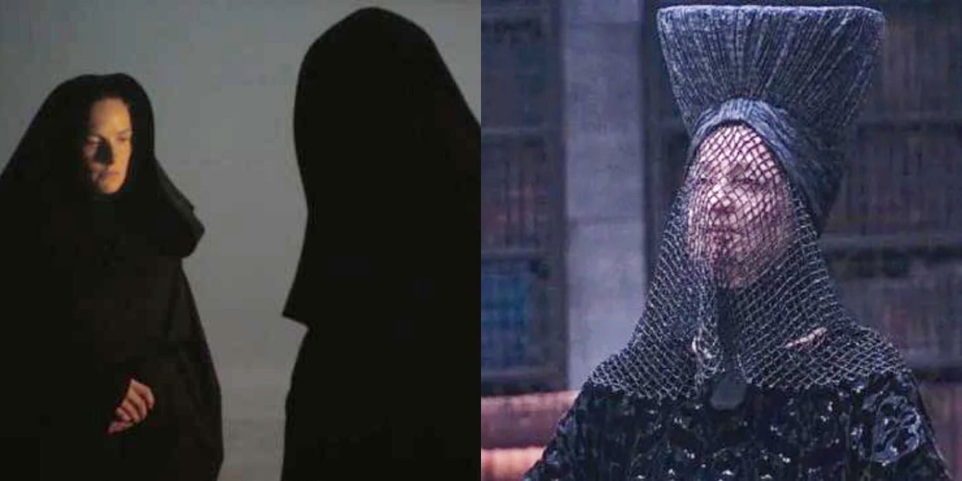 Split image of Jessica talking to the a cloaked woman & the Reverend Mother in Dune.