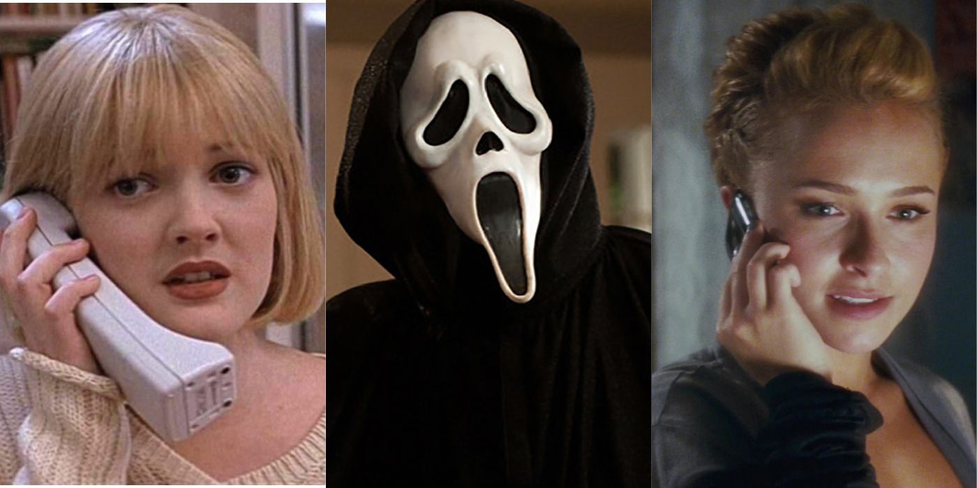 Split image of Casey in Scream, Ghostface in Scream, &amp; Kirby on the phone in Scream 4.