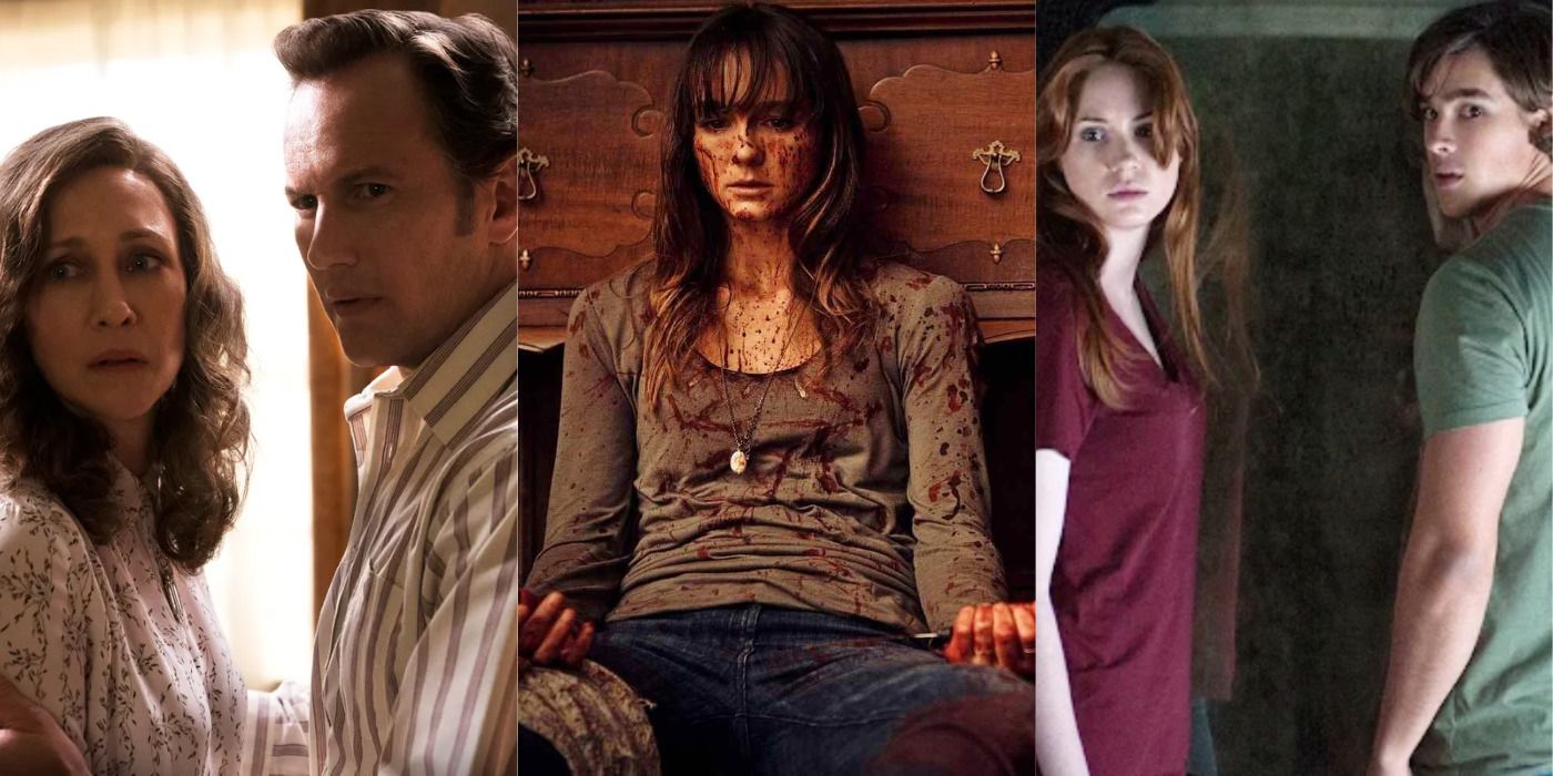 Split image of Ed and Lorraine in The Conjuring 2, You're Next, and a brother and sister in Oculus.