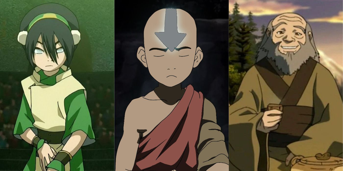 Split image of Toph, Aang meditating, & Iroh smiling outside in Avatar: The Last Airbender.