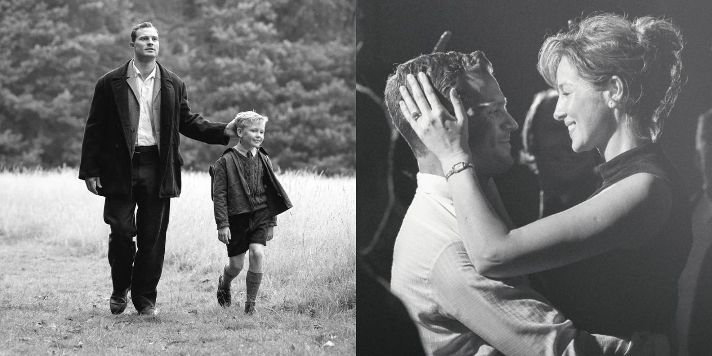 Split image of Buddy & Pa in a field & Ma and Pa embracing in Belfast.