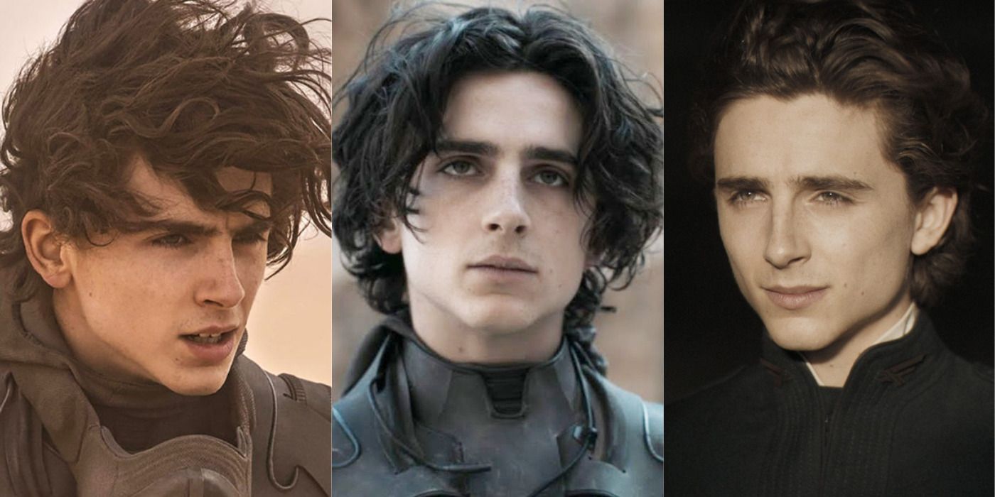 Split image of Paul with his hair blowing, Paul in the desert, & Paul squinting in Dune.