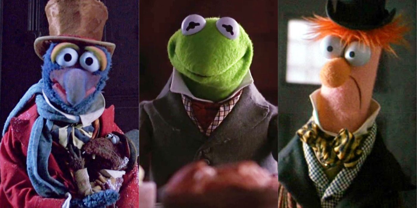 Split image of Gonzo and Rizzo, Kermit at a table, & Beaker in The Muppet Christmas Carol.