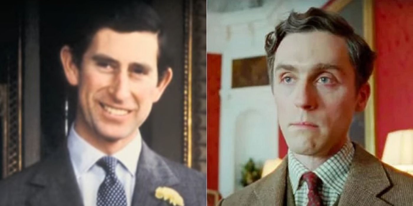 A split screen of Jack Farthing as Charles, Prince of Wales in Spencer.