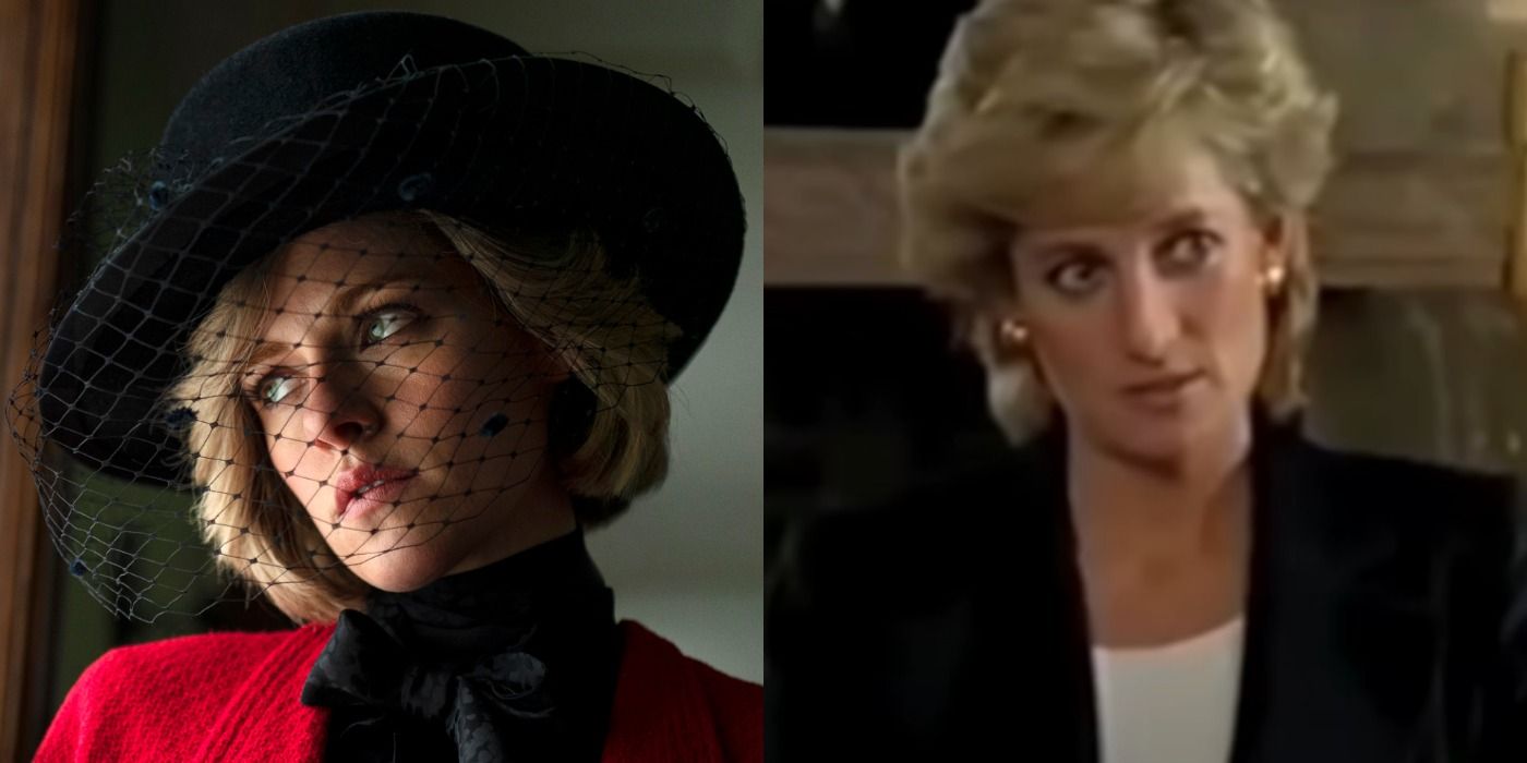 A split screen of Kristen Stewart as Diana, Princess of Wales in Spencer.