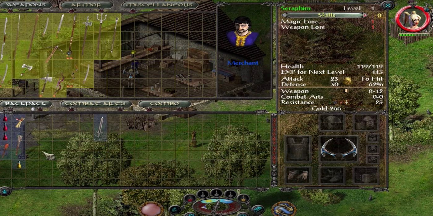The player talking to a merchant in the RPG Sacred.