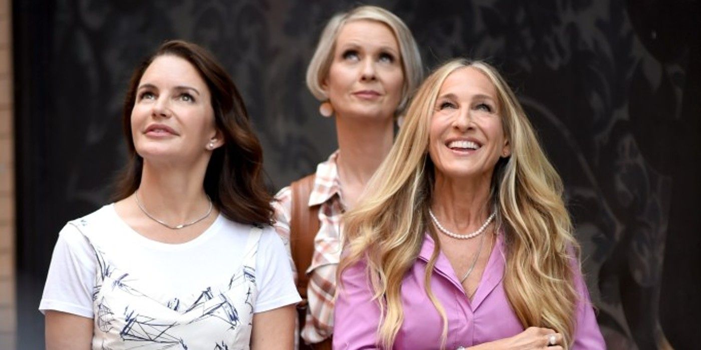 Charlotte, Miranda, and Carrie Looking Up and Smiling in And Just Like That