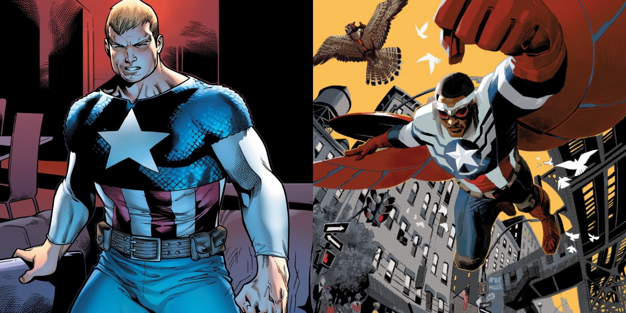 side by side image of Steve Rogers and Sam Wilson as the Marvel superhero Captain America