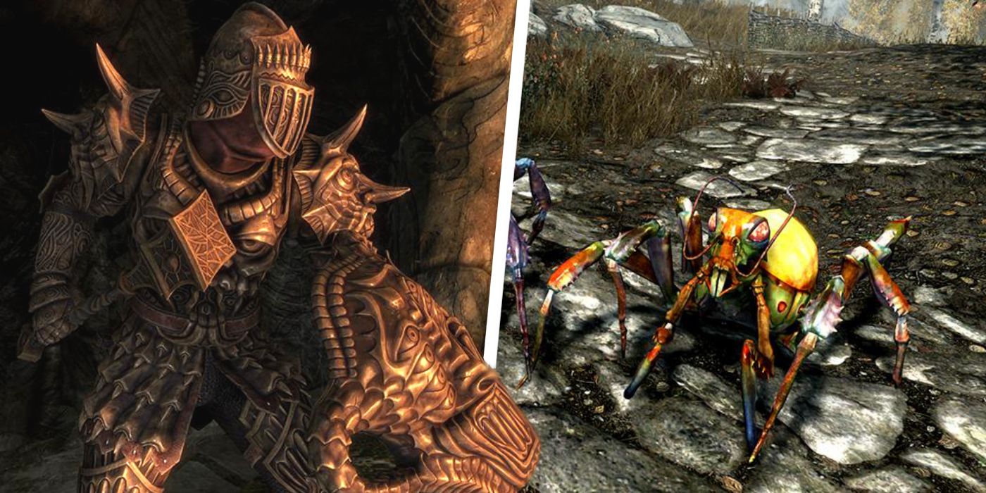 Twee afbeeldingen naast elkaar, met links een Skyrim-speler in zwaar pantser en rechts een monster.