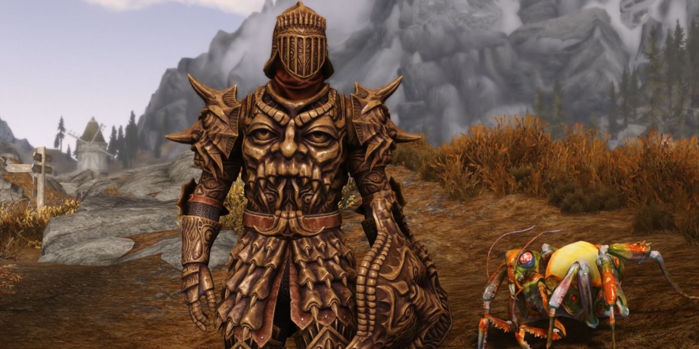 A player wearing a full set of Madness Armor in Skyrim's Saints and Seducers DLC, made from Madness Ore