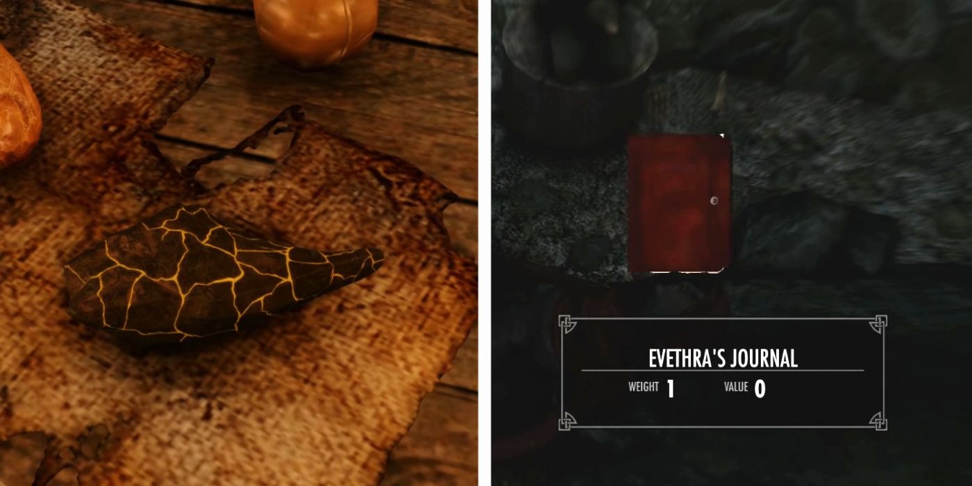 El mineral de locura de Skyrim junto a una imagen del Diario de Evethra en Skyrim
