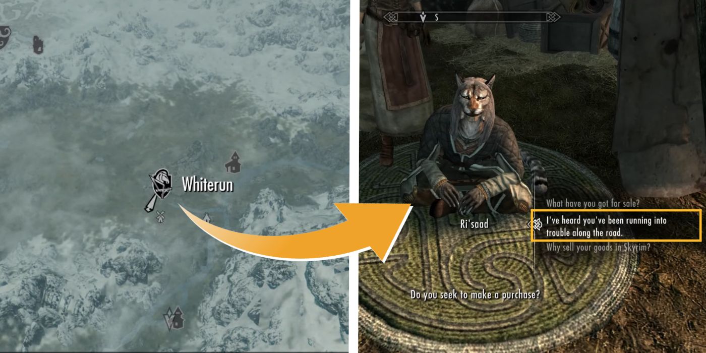 An image of Skyrim's Map with Whiterun highlighted next to an image of Ri'saad the Khajiit