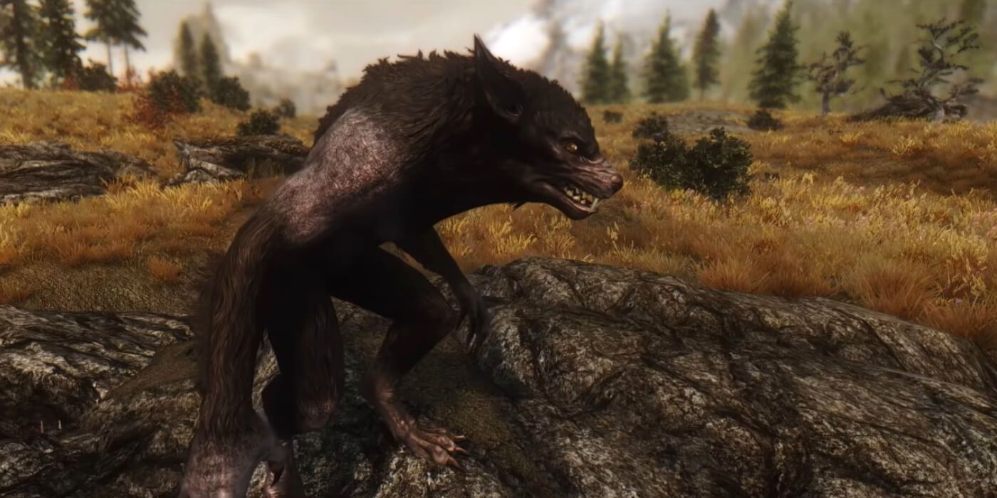 A werewolf in an open field in Skyrim.