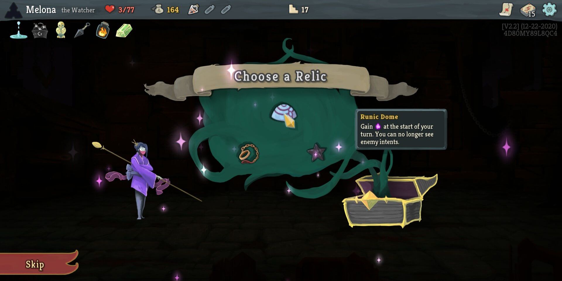 The relic menu screen featuring the Watcher in Slay the Spire.
