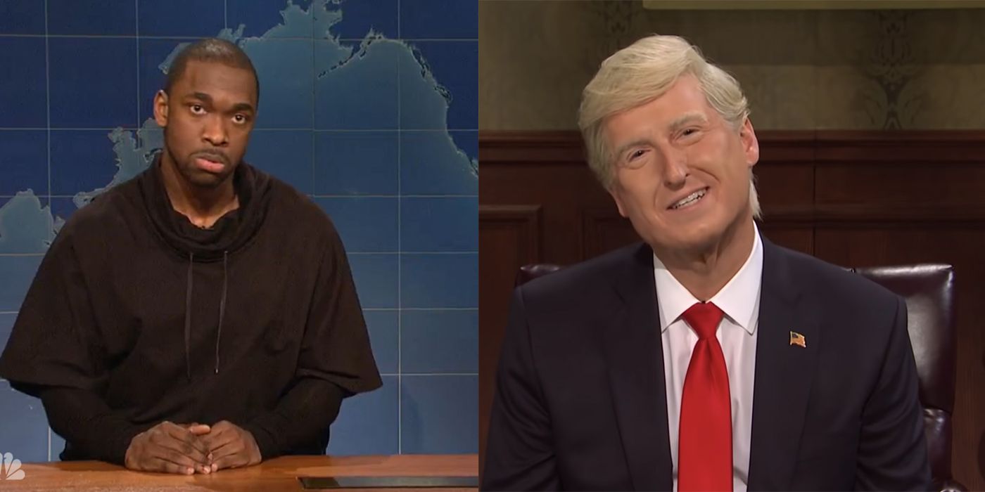 Split image of Jay Pharaoh as Kanye West and James Austin Johnson as Donald Trump from Saturday Night Live.