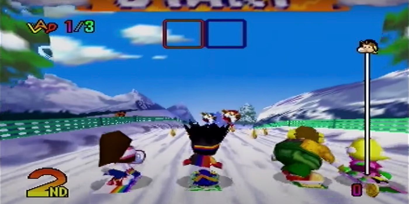 The start of a race in the N64 game Snowboard Kids.