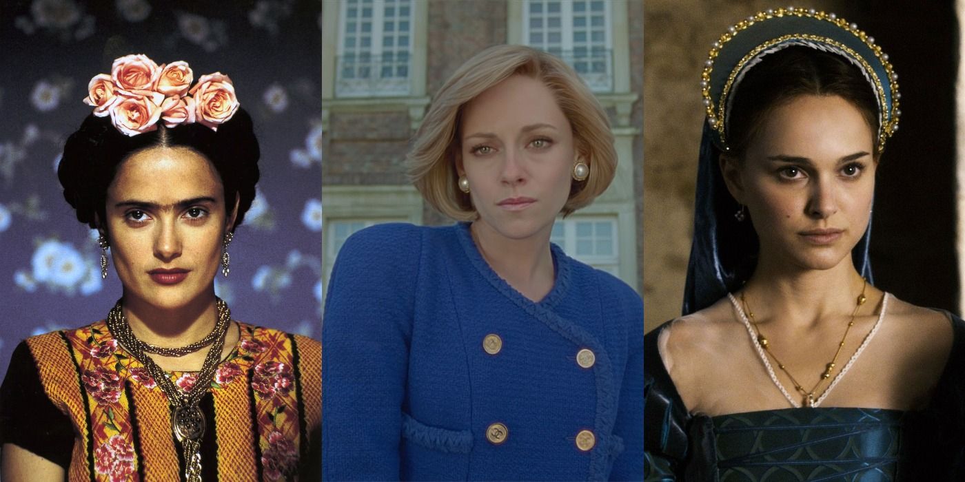 Split image of Salma Hayek as Frida Kahlo, Kristen Stewart as Princess Diana, and Natalie Portman in the Other Boleyn Girl