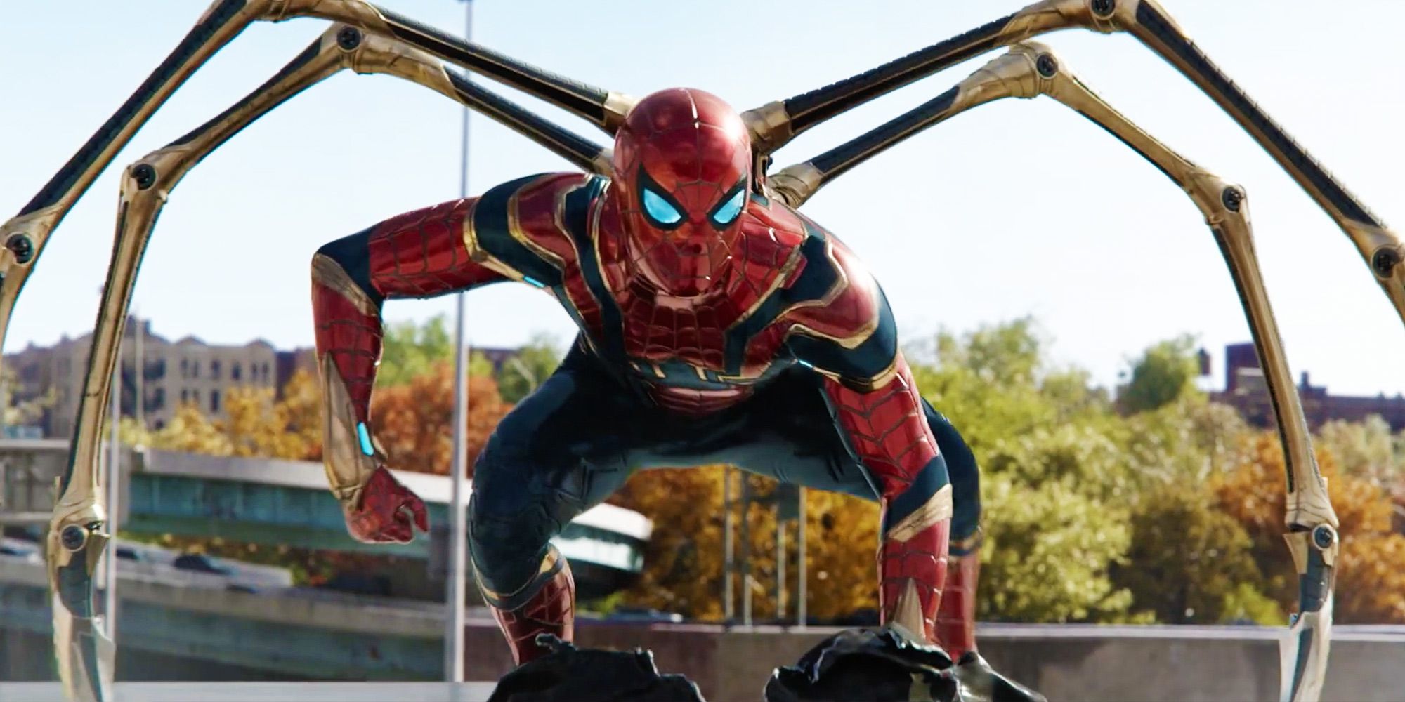 Spider-Man in the Iron Spider suit preparing to fight in Spider-Man: No Way Home