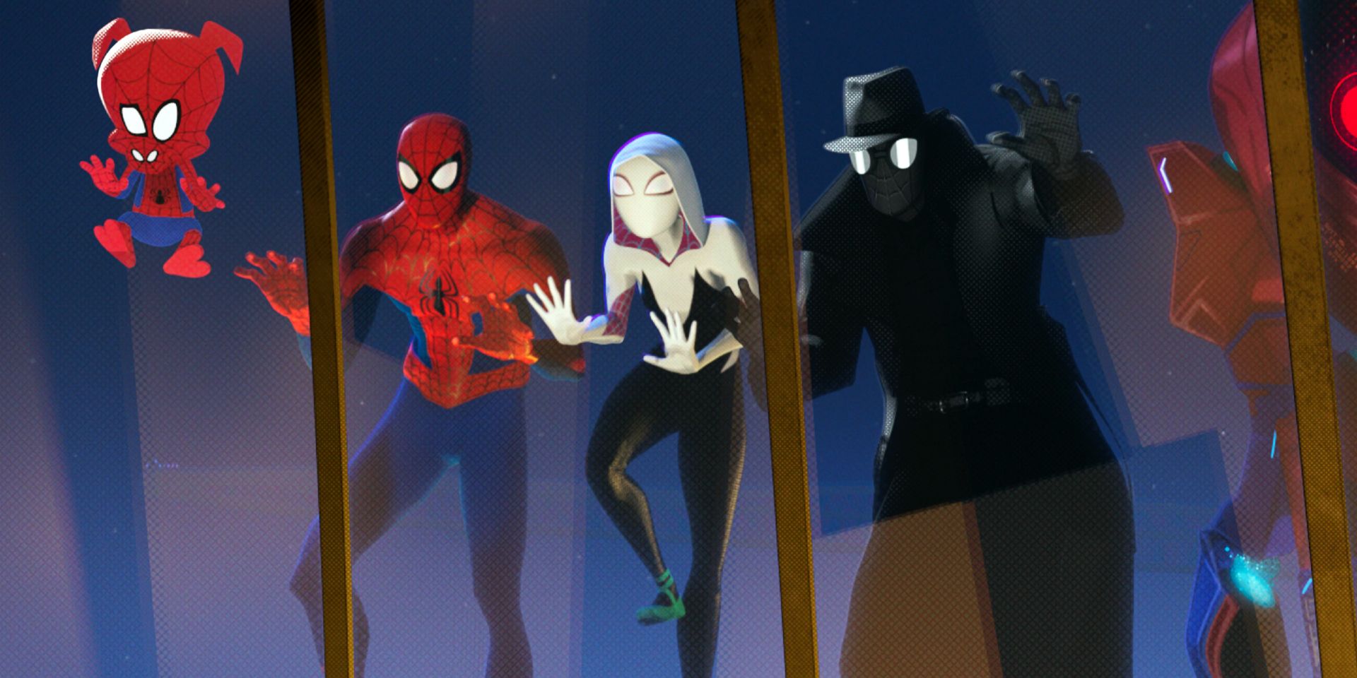 5 different versions of Spider-Man cling to a glass window in Spider-Man: Into the Spider-Verse.