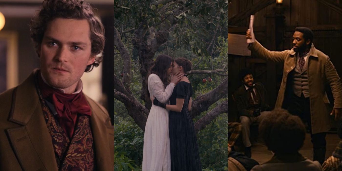 Split image of Sam, Emily kissing Sue, and Henry giving a speech in Dickinson