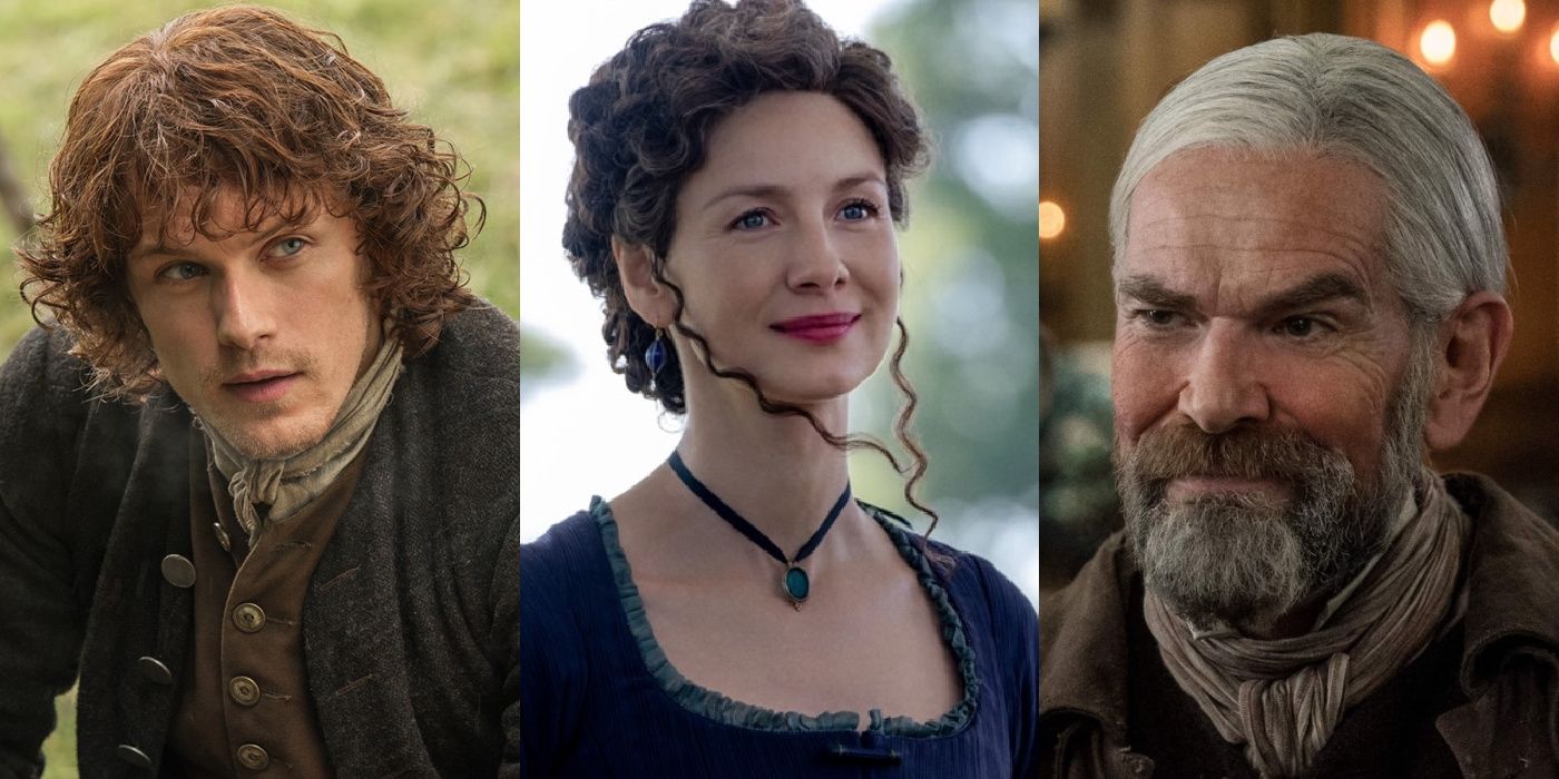 split image of Jamie, Claire, and Murtagh in Outlander