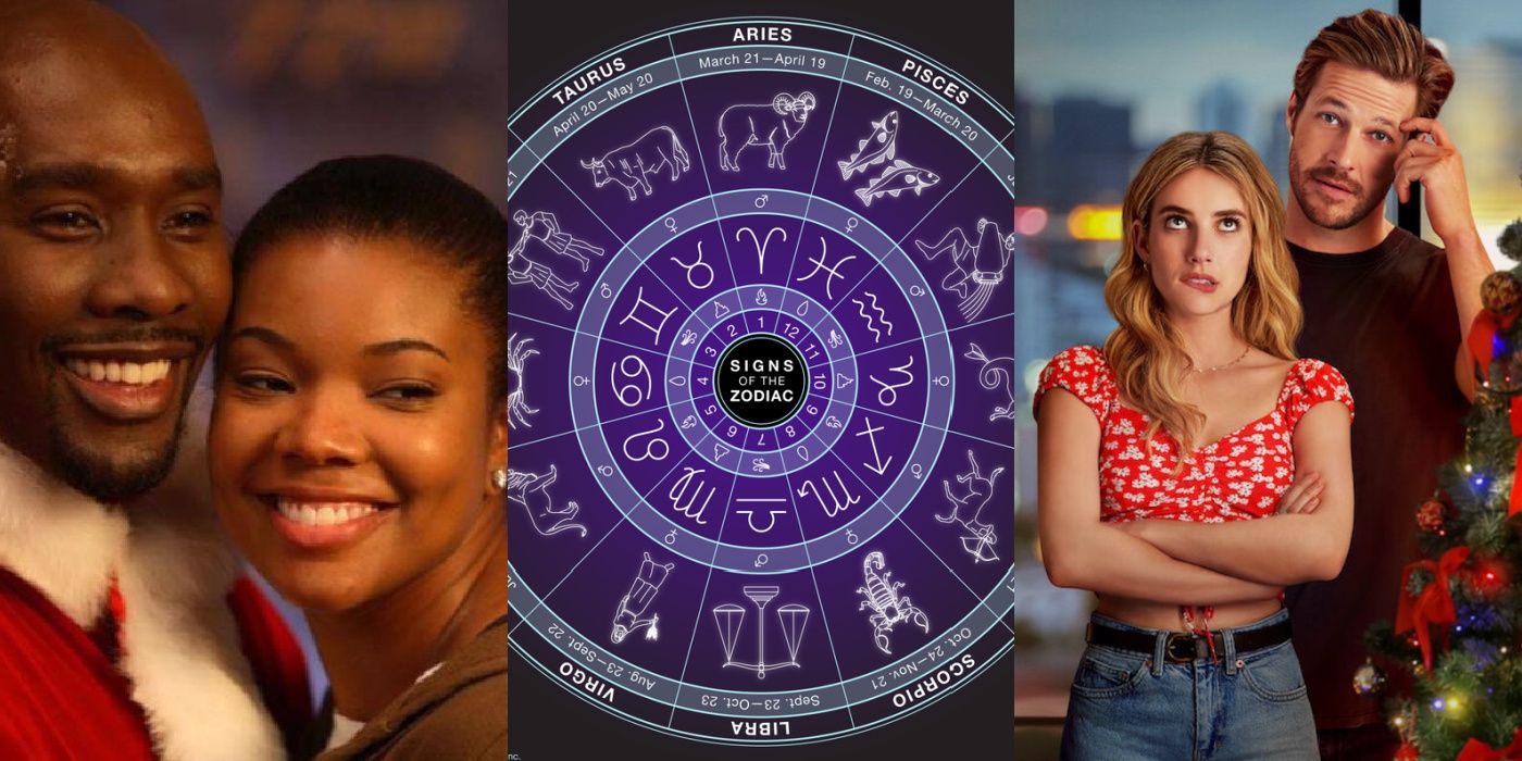 split image of holiday rom coms and the zodiac signs