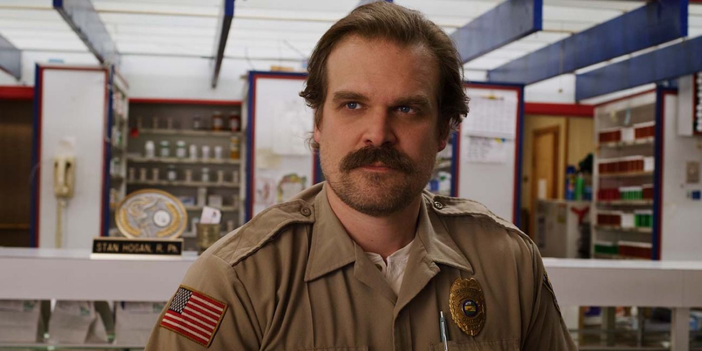 David Harbour as Jim Hopper looking at the camera in Stranger Things