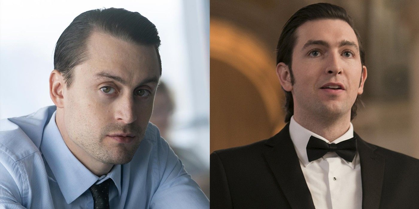Split images of Roman Roy and Cousin Greg from Succession