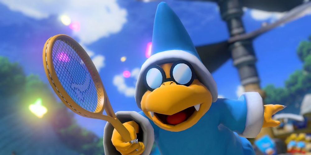 Kamek holds a tennis racket in Super Mario World