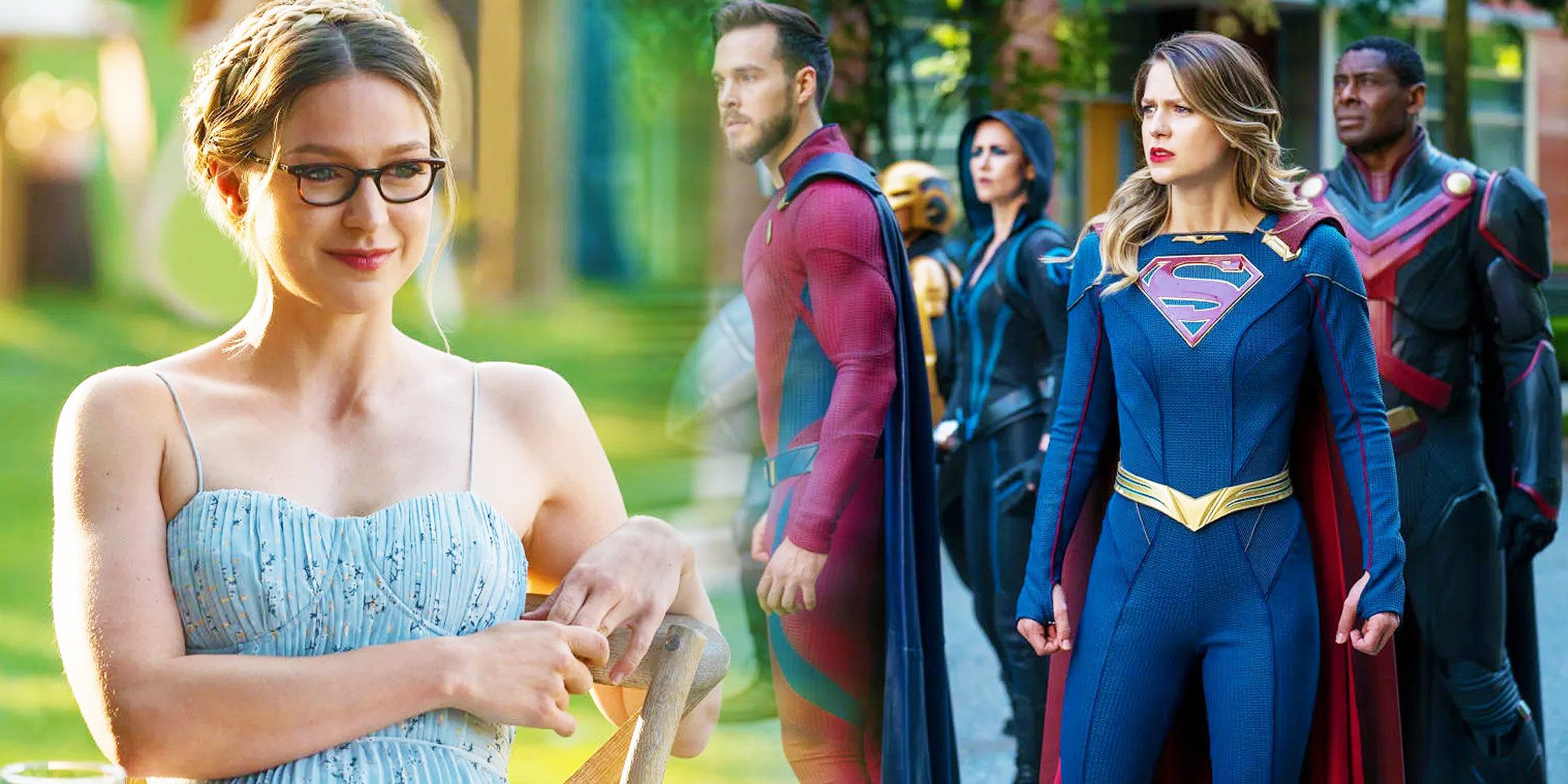 Uma tela dividida da Supergirl de sua série e um crossover.
