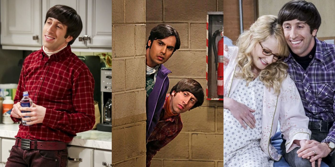 Split image of Howard Wolowitz, Howard and Raj, and Howard with Bernadette in The Big Bang Theory