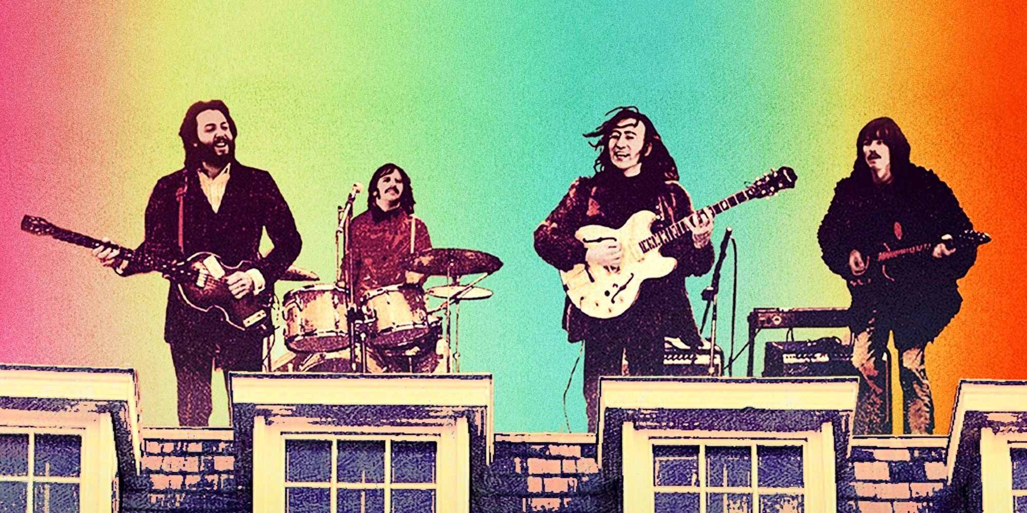 The Beatles playing on a rooftop in The Beatles: Get Back.