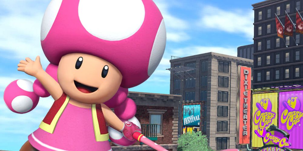 Blended image of Toadette waving and one of the cities from Mario Golf Super Rush