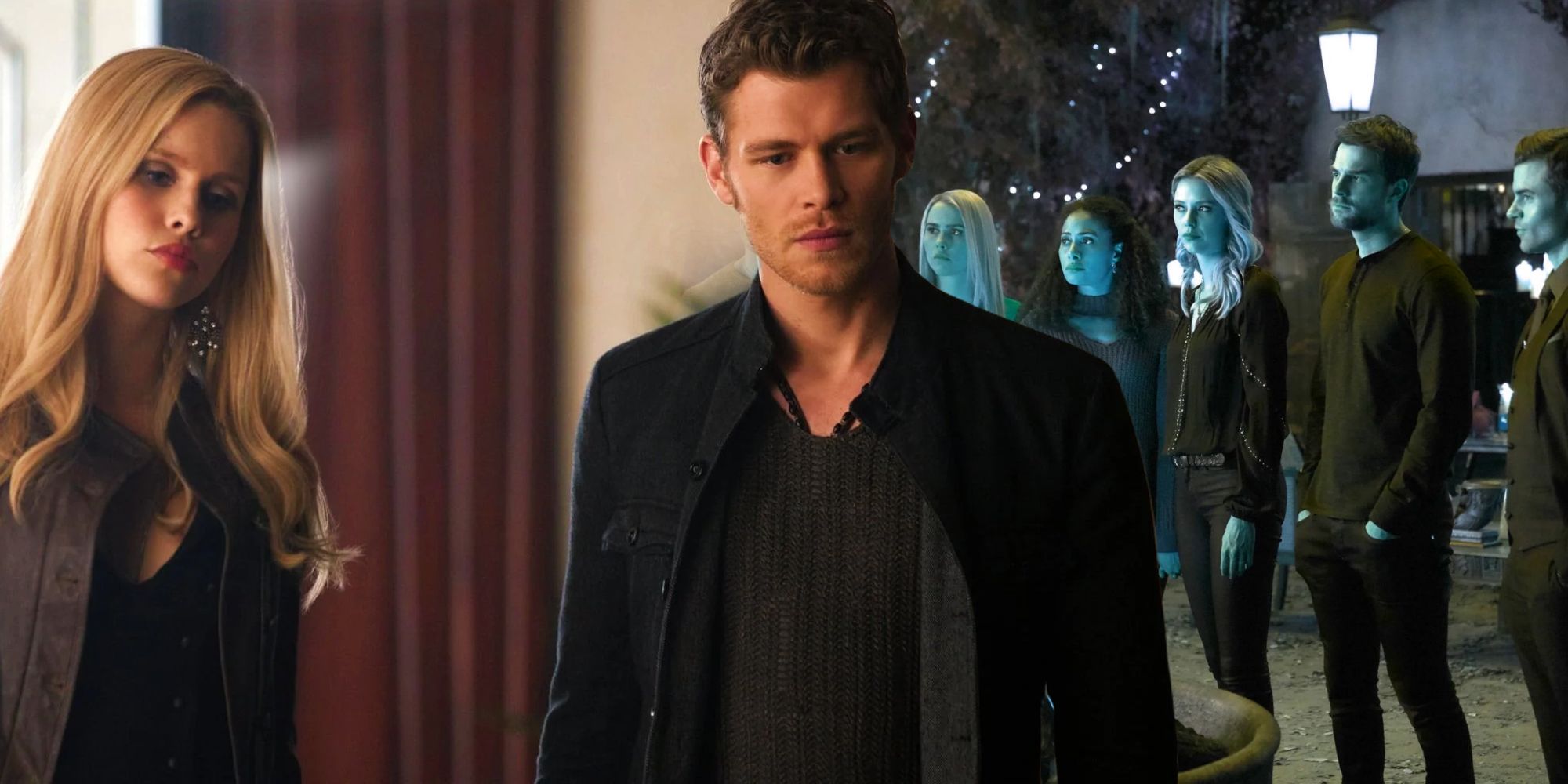 Split image of Klaus and Rebekah looking at something, with all the Mikaelson siblings in the back in The Originals.