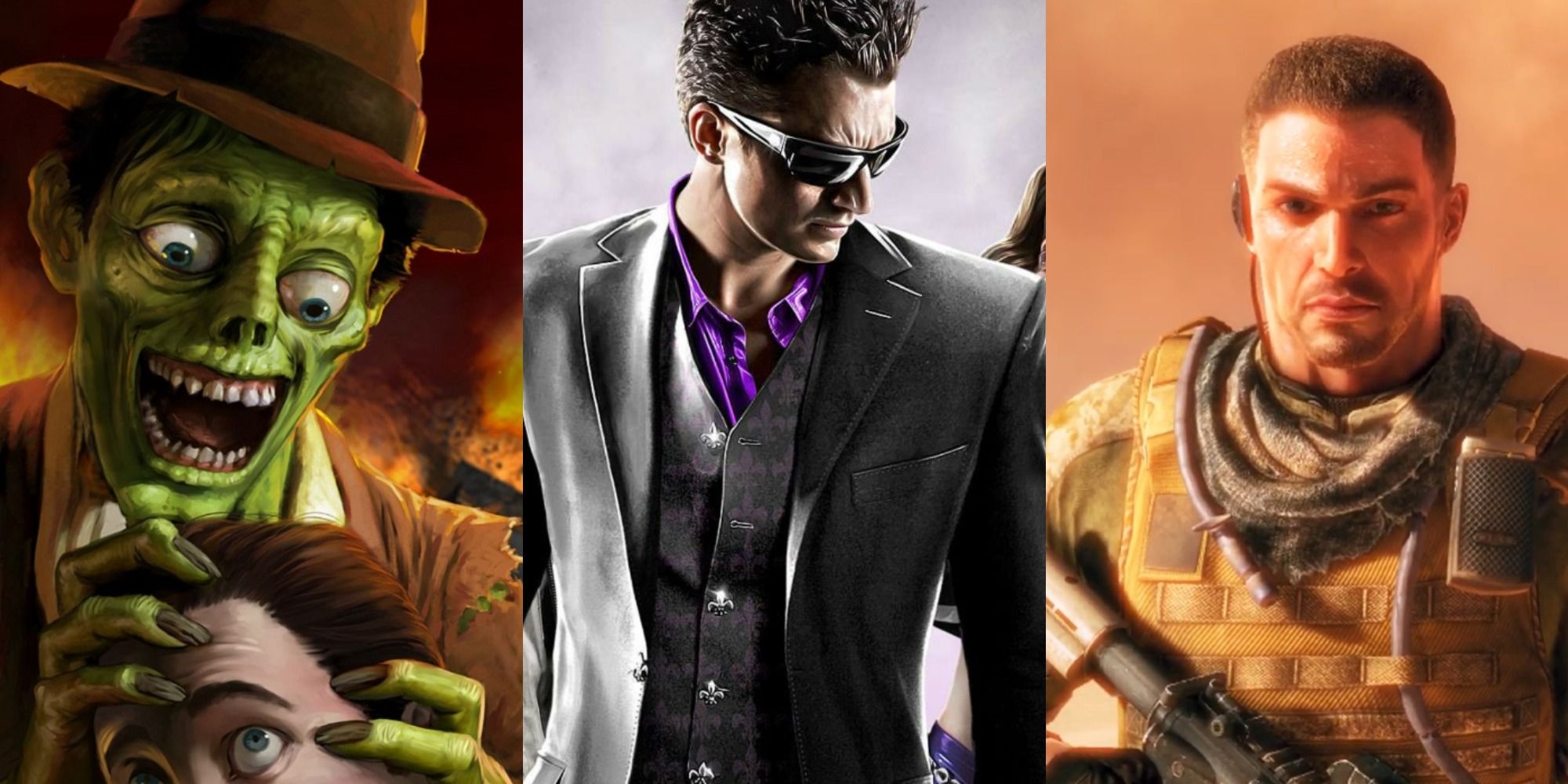 Split image of villains from Stubbs the Zombie, Saints Row, and Spec Ops games